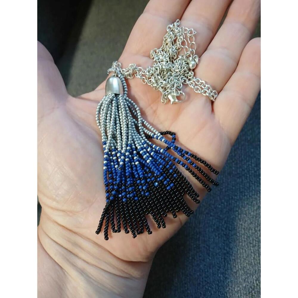 Tassel Necklace Blue Silver Tone Black Ombre Beaded Long Chain 28-30" - Picture 6 of 6